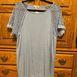 Umgee Light Blue Crochet Sleeve Blouse